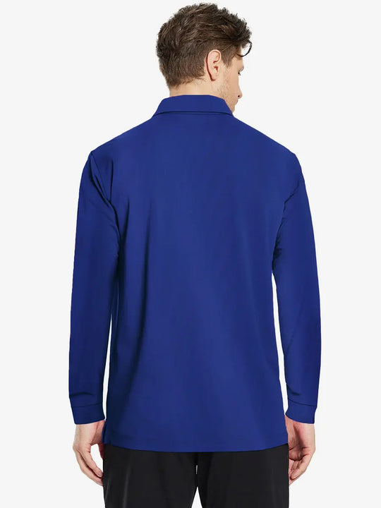 Back half-body view of model wearing KLEIN BLUE Long Sleeve Solid Jersey Polo