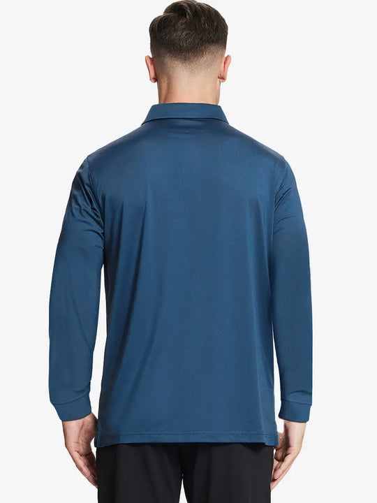 Back half-body view of model wearing BLUE Long Sleeve Solid Jersey Polo
