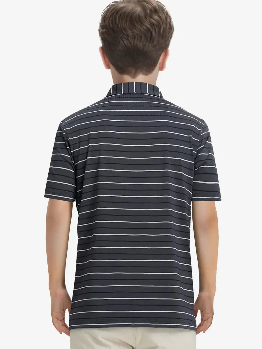 Back half-body view of child wearing DARK GREY STRIPE Kids Stylish Stripe Polo Shirt.