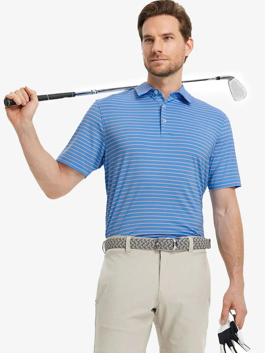 Model in SKY BLUE/PINK STRIPE Polo holding golf club with casual elegance