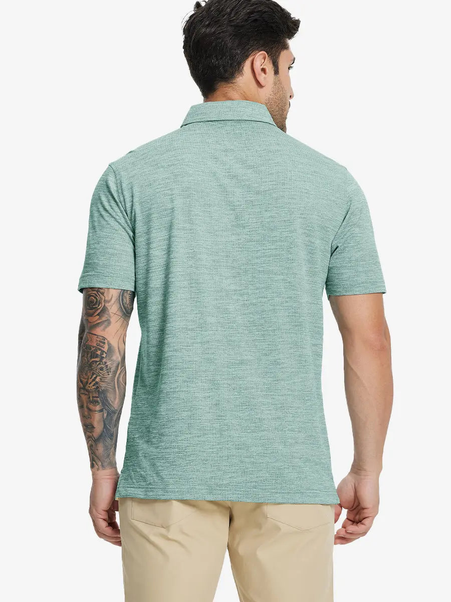 Back half-body view of model in GREEN HEATHER Premium Stretch Heather Polo.