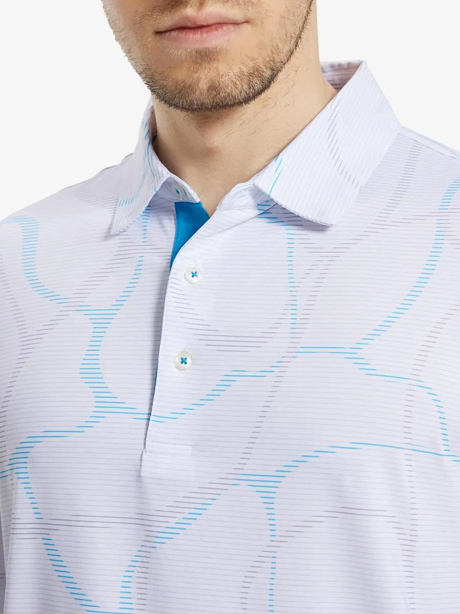 MAELREG Men's Performance Jersey Print Polo – Front chest view in Abstract Stripe