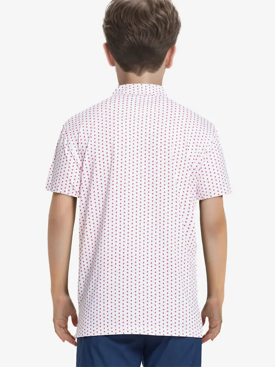 Back half-body view of boy wearing WHITE RED LION Performance Print Boys Golf Polo outdoors
