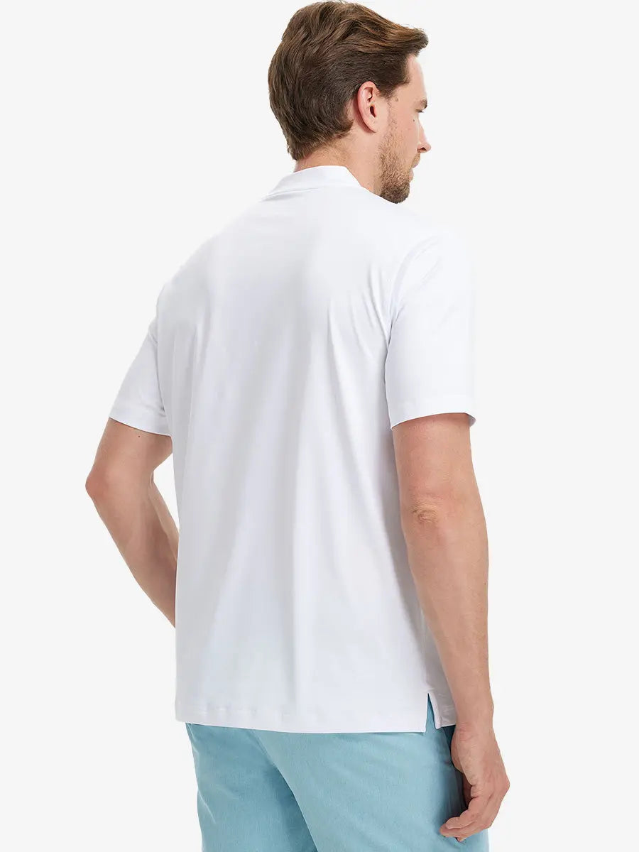 Back half-body view wearing Everyday Collarless Jersey Shirt in White.
