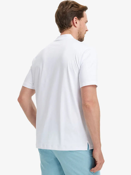 Back half-body view wearing Everyday Collarless Jersey Shirt in White.