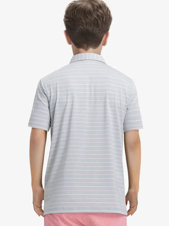 Back half-body view of child wearing LIGHT GREY STRIPE Kids Stylish Stripe Polo Shirt.