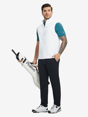 Lifestyle shots of water-resistant fleece golf vests in white, worn while holding golf bag