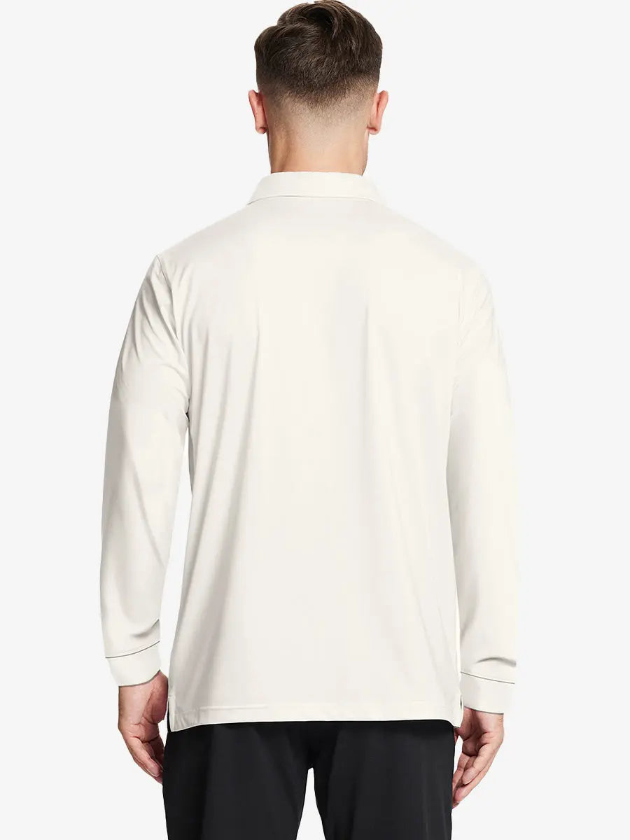 Back half-body view of model wearing CREAM Long Sleeve Solid Jersey Polo