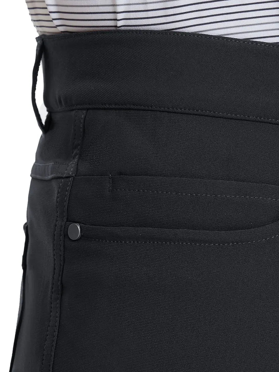 Close-up of right front pocket on Stretch Plain Everyday Pants, detailed stitching – BLACK