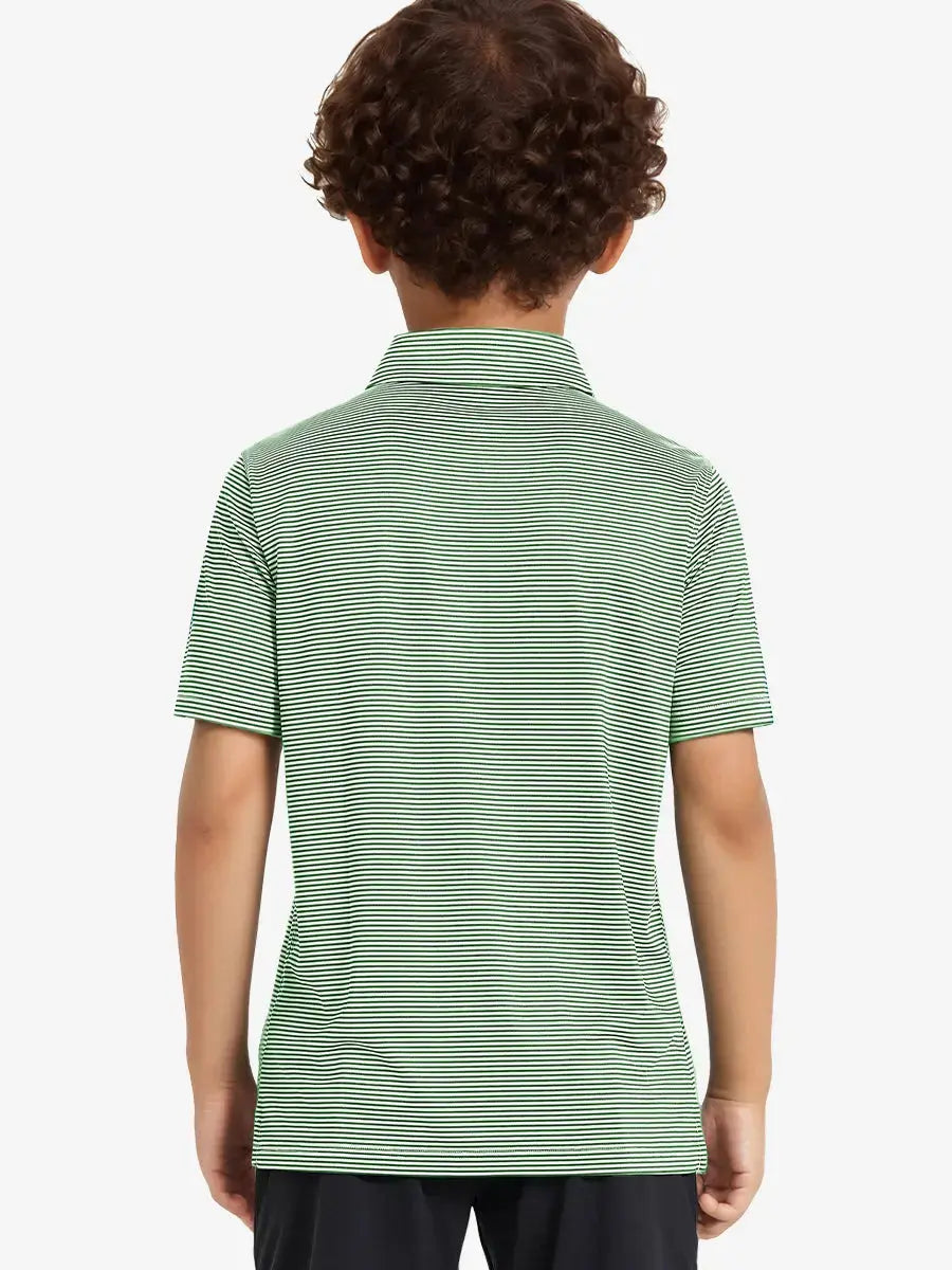 Back view of Youth Cooling Polo – half-body model in Emerald Stripe