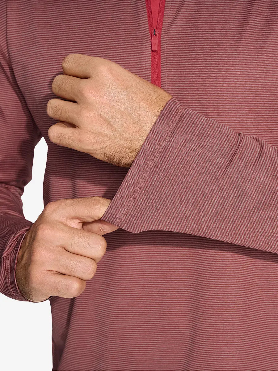 Close-up of cuff on Pinstripe Quarter Zip Pullover, showing stretch and construction – BRICK MELANGE