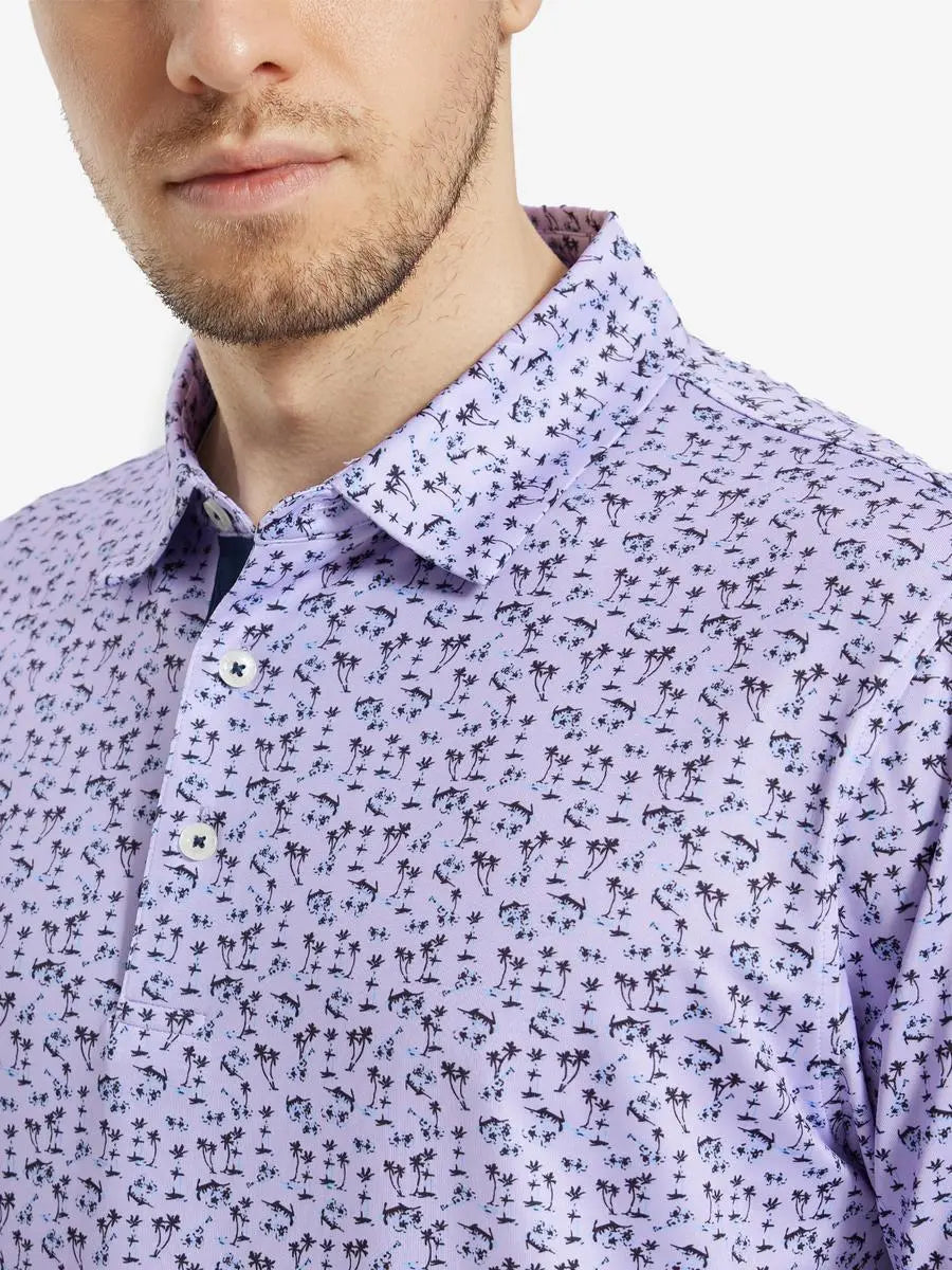 MAELREG Men's Performance Jersey Print Polo – Front chest view in Lavender Seaside Palm