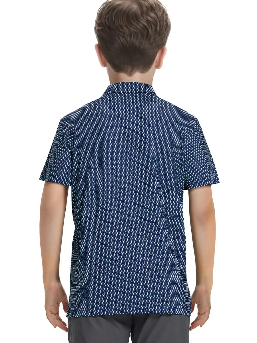 Back half-body view of boy wearing GREEN SEAHORSE Performance Print Boys Golf Polo outdoors