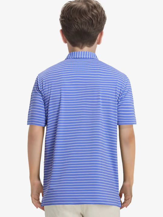 Back half-body view of model wearing BLUISH BLUE/WHITE STRIPE Youth Performance Golf Polo.
