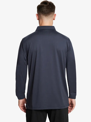 Back half-body view of model wearing DARK GREY Long Sleeve Solid Jersey Polo
