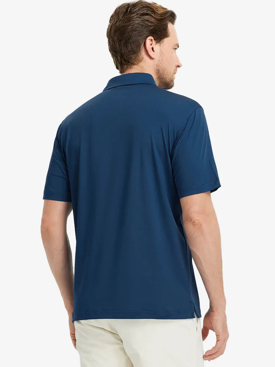 Rear half-body view of Everyday Solid Jersey Polo in BLUE, showcasing clean lines and shape.