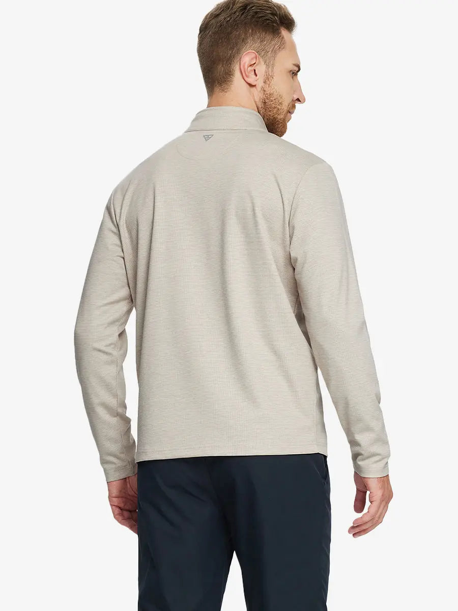 Back half-body view of model in KHAKI HOUNDSTOOTH Premium Jacquard Quarter Zip Pullover.								

