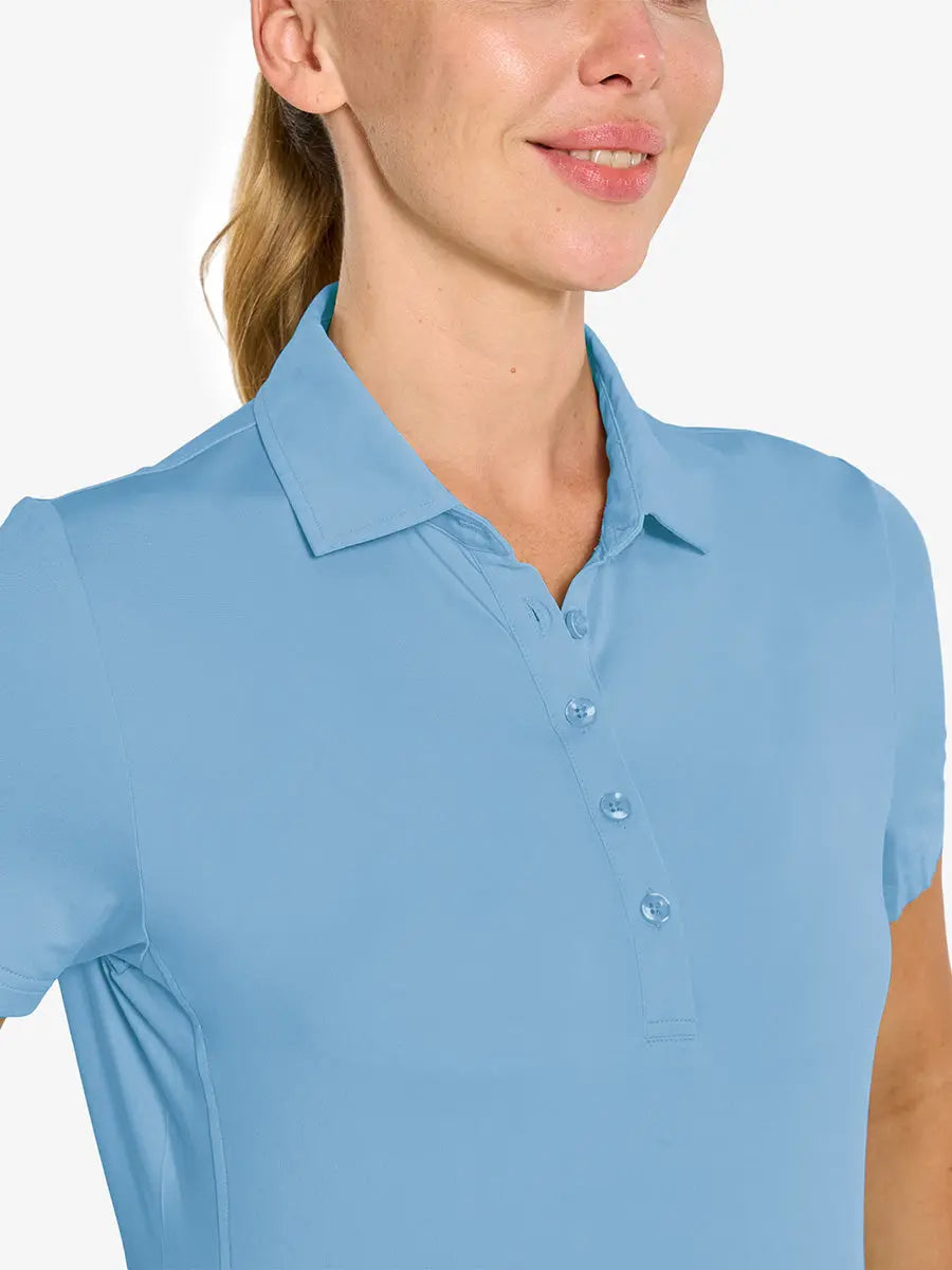Close-up front view from nose to chest in SKY BLUE Women's Performance Solid Polo