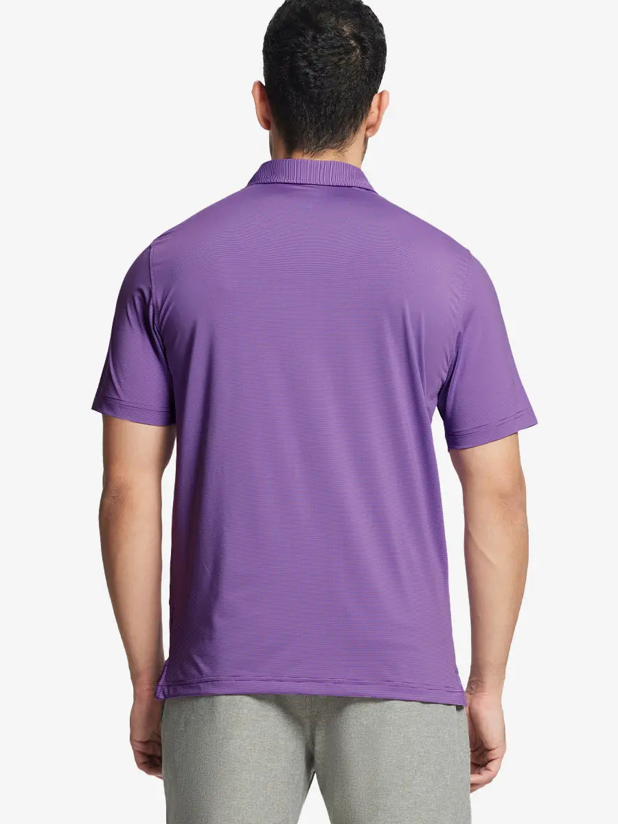 Back half-body view of LILAC STRIPE Pinstripe Jersey Performance Polo worn by model								
