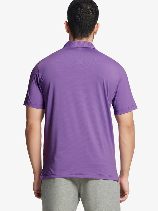 Back half-body view of LILAC STRIPE Pinstripe Jersey Performance Polo worn by model								
