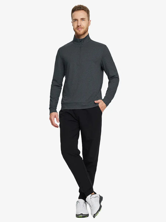 Full-body front view on model wearing DARK GREY HEATHER Quarter Zip Melange Pullover, casual sporty look.