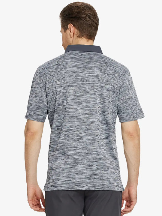 Rear half-body view highlighting fit of DARK GREYBLACK HEATHER Polo