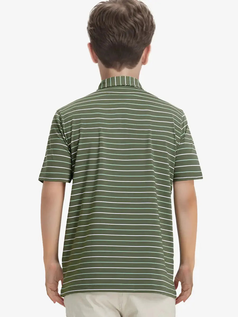 Back half-body view of child wearing OLIVE GREEN STRIPE Kids Stylish Stripe Polo Shirt.