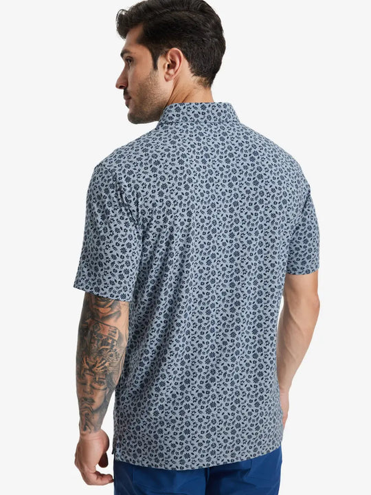 Back half-body view of model in GRAYISH BLUE FLOWER Popular Heather Print Polo