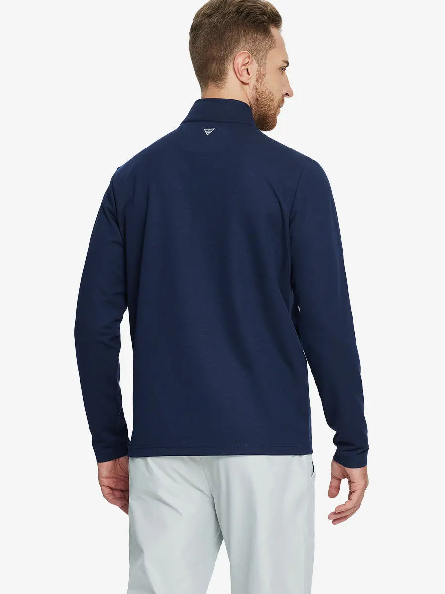 Back half-body view of model in NAVY Premium Jacquard Quarter Zip Pullover.								
