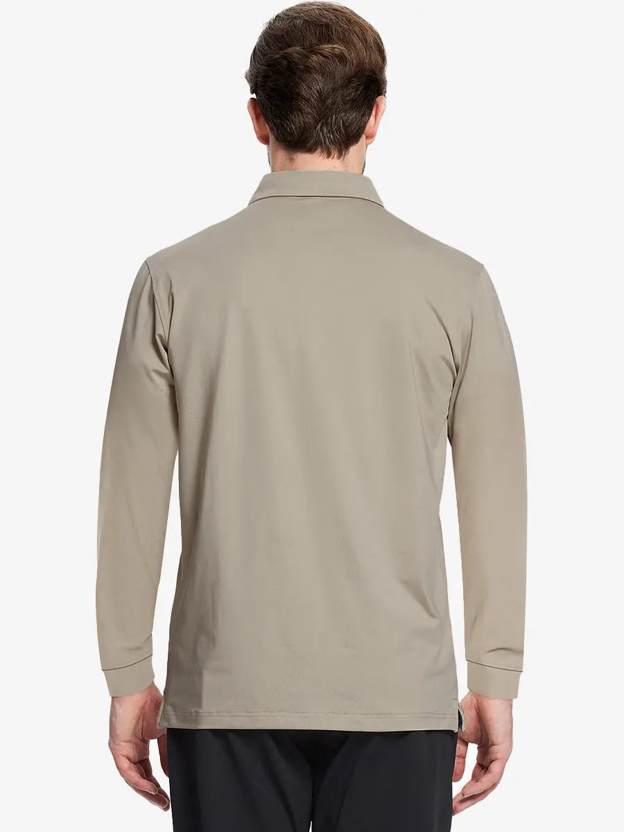 Back half-body view of model wearing DARK KHAKI Long Sleeve Solid Jersey Polo