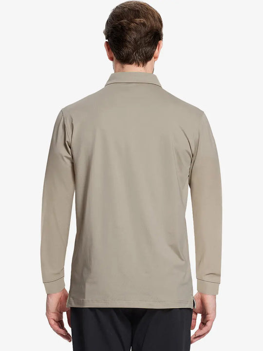 Back half-body view of model wearing DARK KHAKI Long Sleeve Solid Jersey Polo