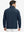 Back upper body view of the navy mock neck golf pullover, model turns head for relaxed pose.
