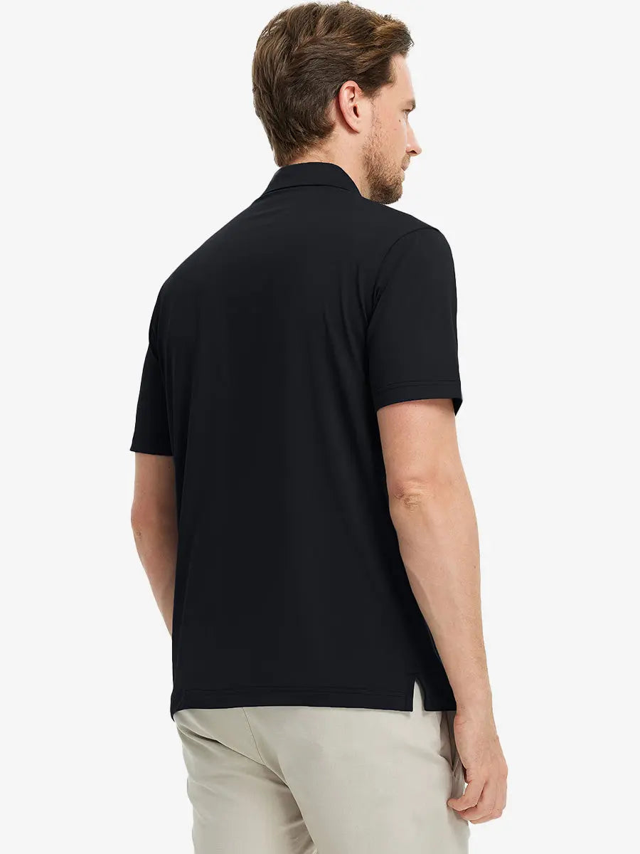 Rear view of Everyday Solid Jersey Polo in BLACK worn by model, showing clean lines and fit.