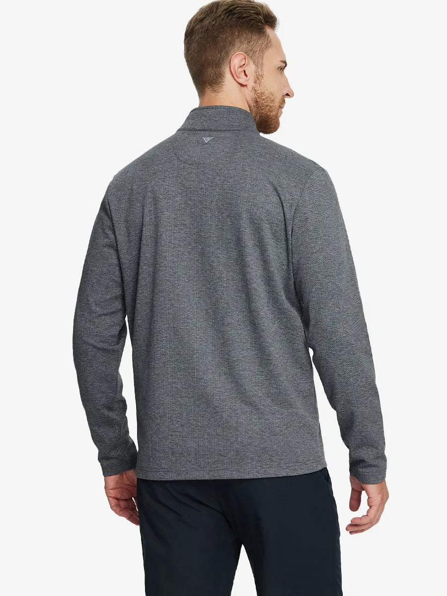 Back half-body view of model in DARK GRAY HERRINGBONE Premium Jacquard Quarter Zip Pullover.								
