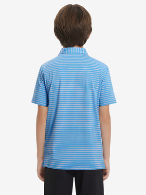 Back upper body view of youth performance golf polos, showing shape and smooth sky blue/pink stripe finish