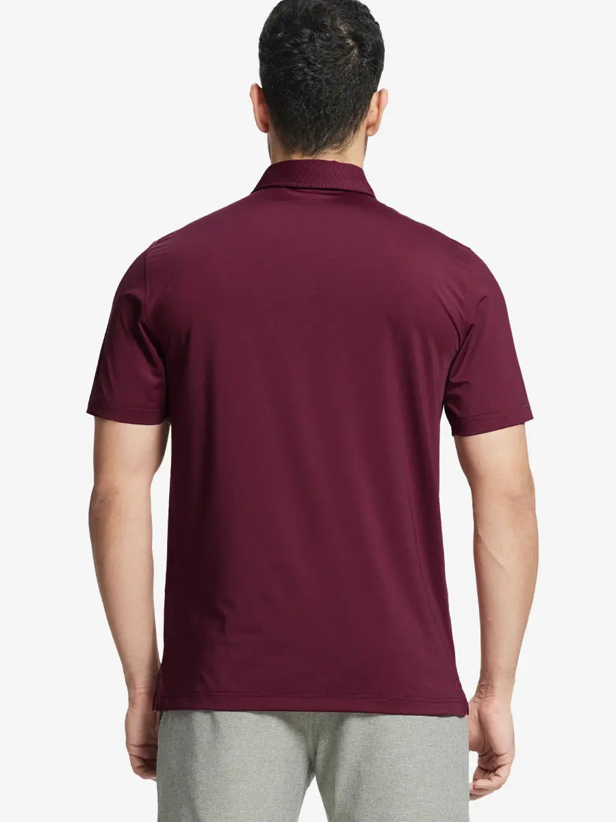 Back half-body view of RED STRIPE Pinstripe Jersey Performance Polo worn by model								
