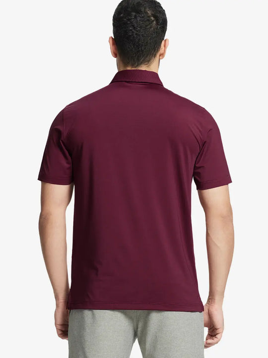 Back half-body view of RED STRIPE Pinstripe Jersey Performance Polo worn by model								
