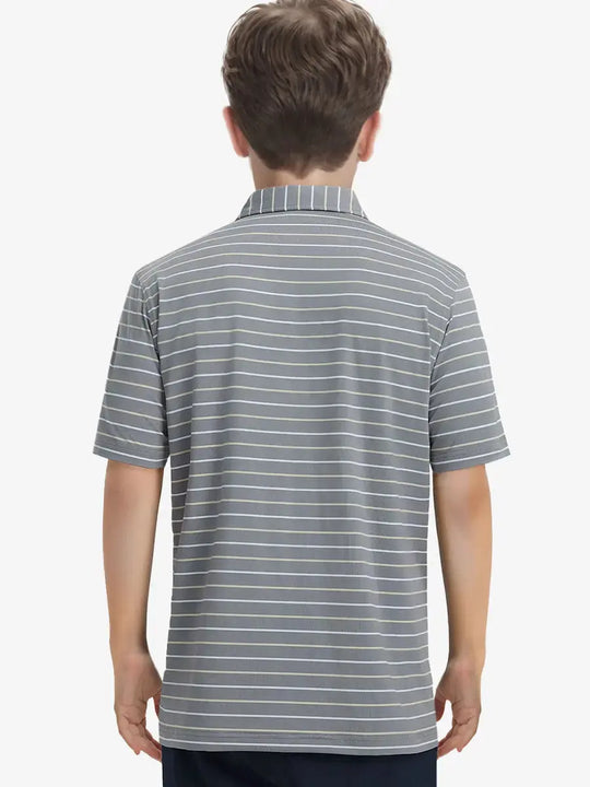 Back half-body view of child wearing NEUTRAL STRIPE Kids Stylish Stripe Polo Shirt.