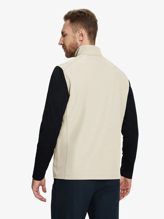 Back view of the light khaki windproof golf vest, highlighting its lightweight design and zippered pockets.