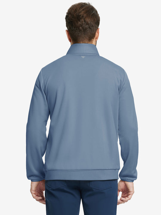 Back upper body view of the Golf Fleece Thermal Jacket in Shadow Blue, clean cut and warm look.