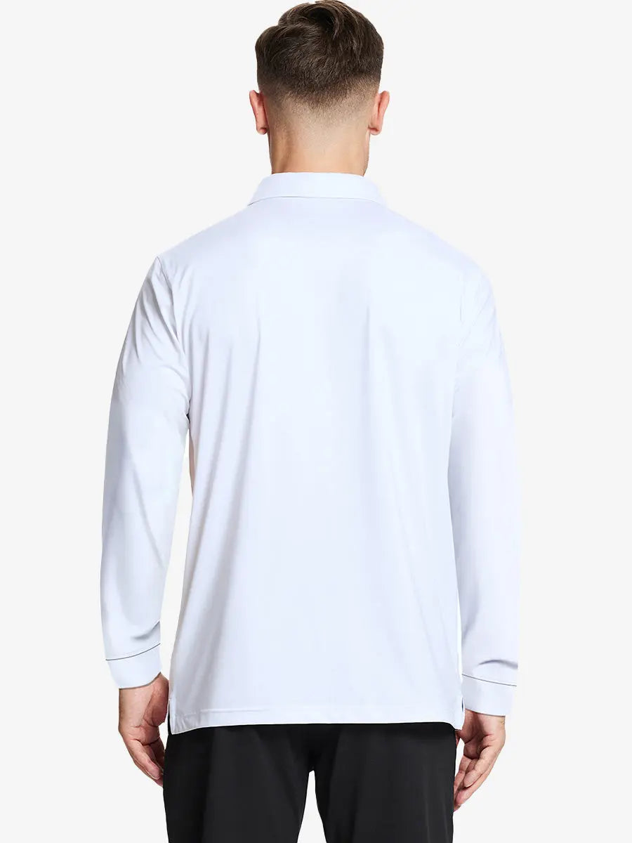 Back half-body view of model wearing WHITE Long Sleeve Solid Jersey Polo
