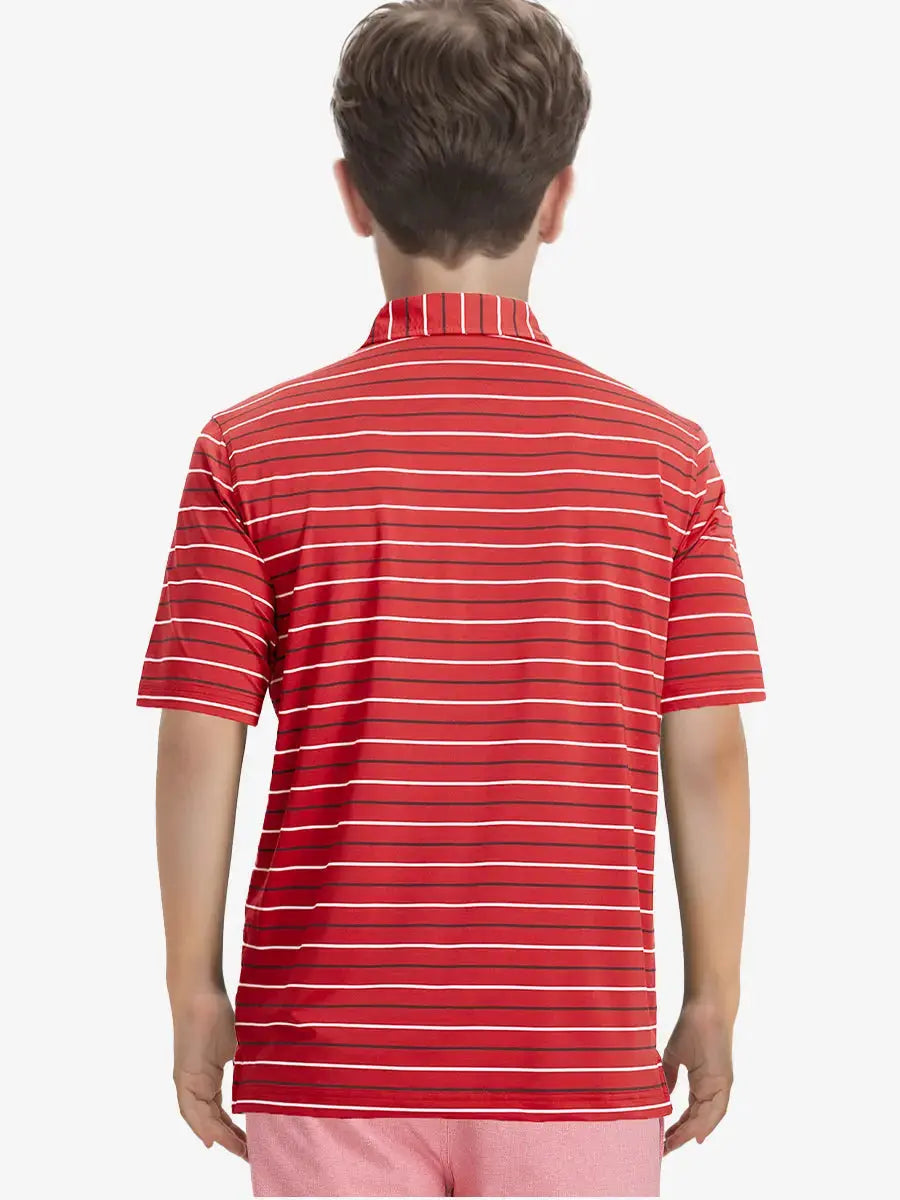 Back half-body view of child wearing RED STRIPE Kids Stylish Stripe Polo Shirt.