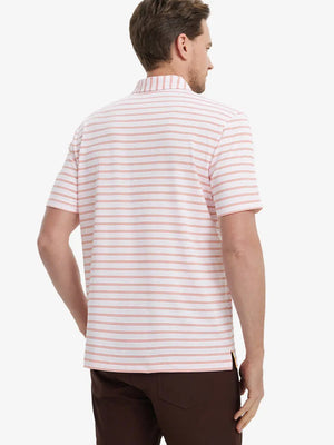 Back view of model in Pink Red Stripe Performance Stripe Golf Shirt