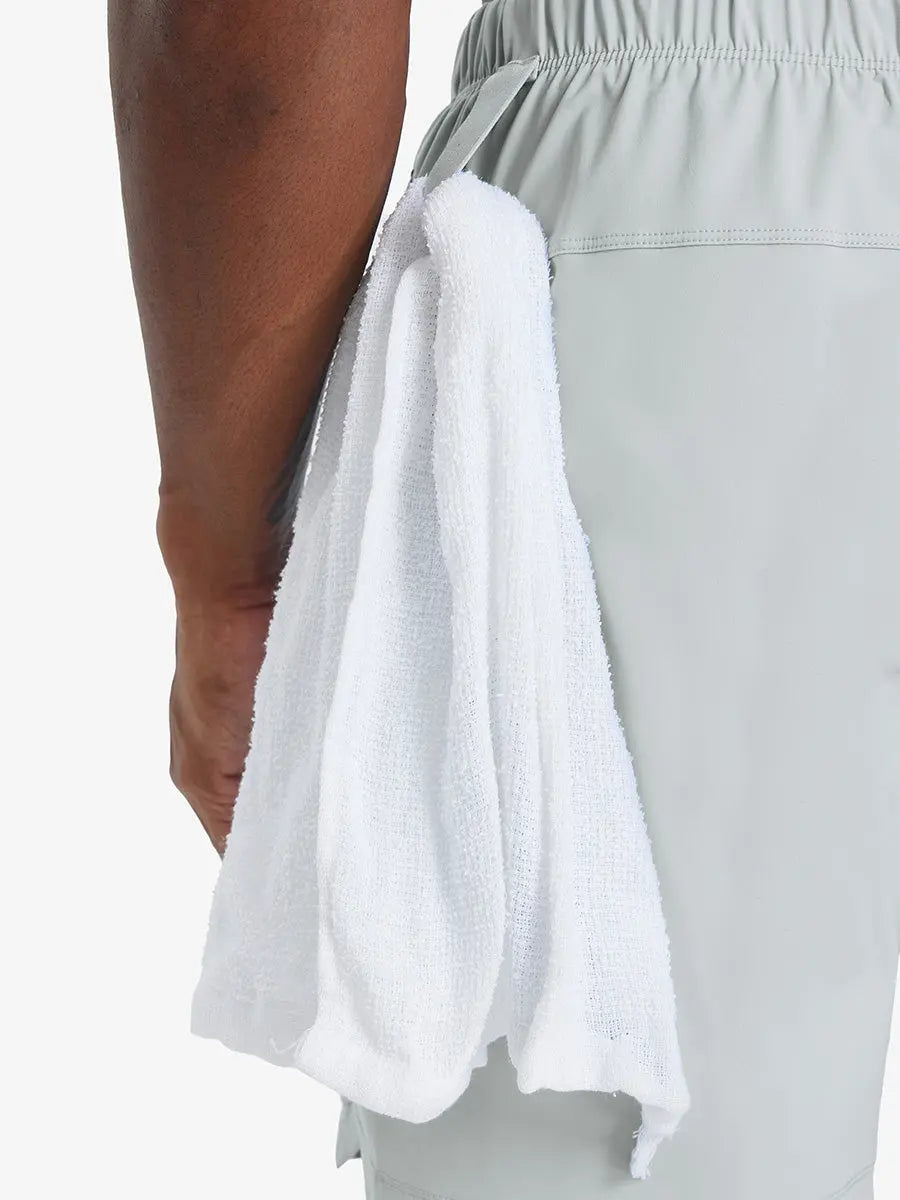 Side view showing towel loop detail on GLACIER GREY 2 in 1 Running Sports Shorts with Liner