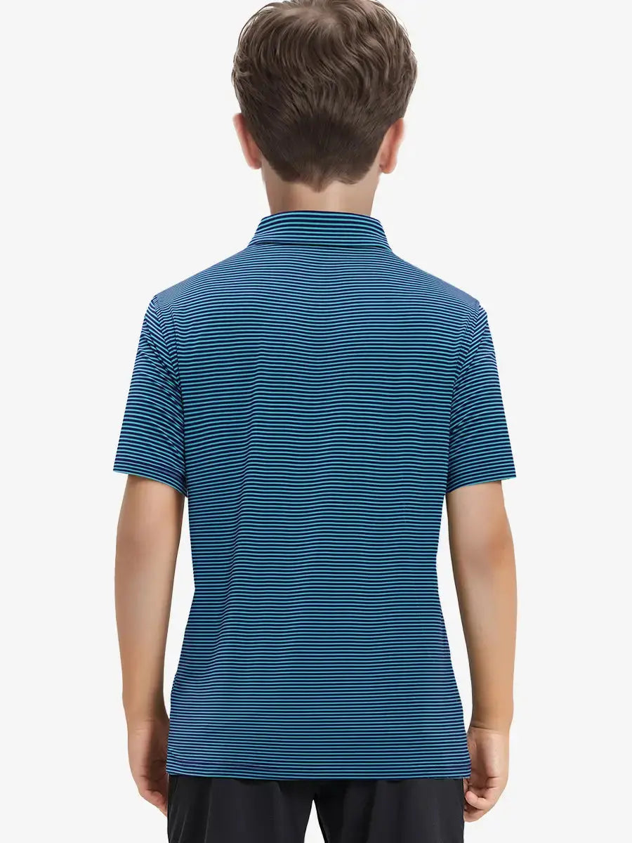 Back view of Youth Cooling Polo – half-body model in Turquoise Stripe