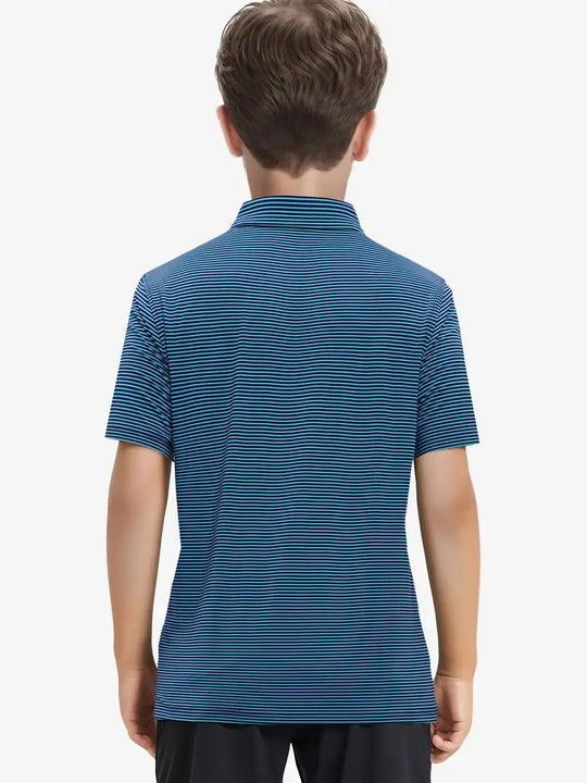 Back view of Youth Cooling Polo – half-body model in Turquoise Stripe