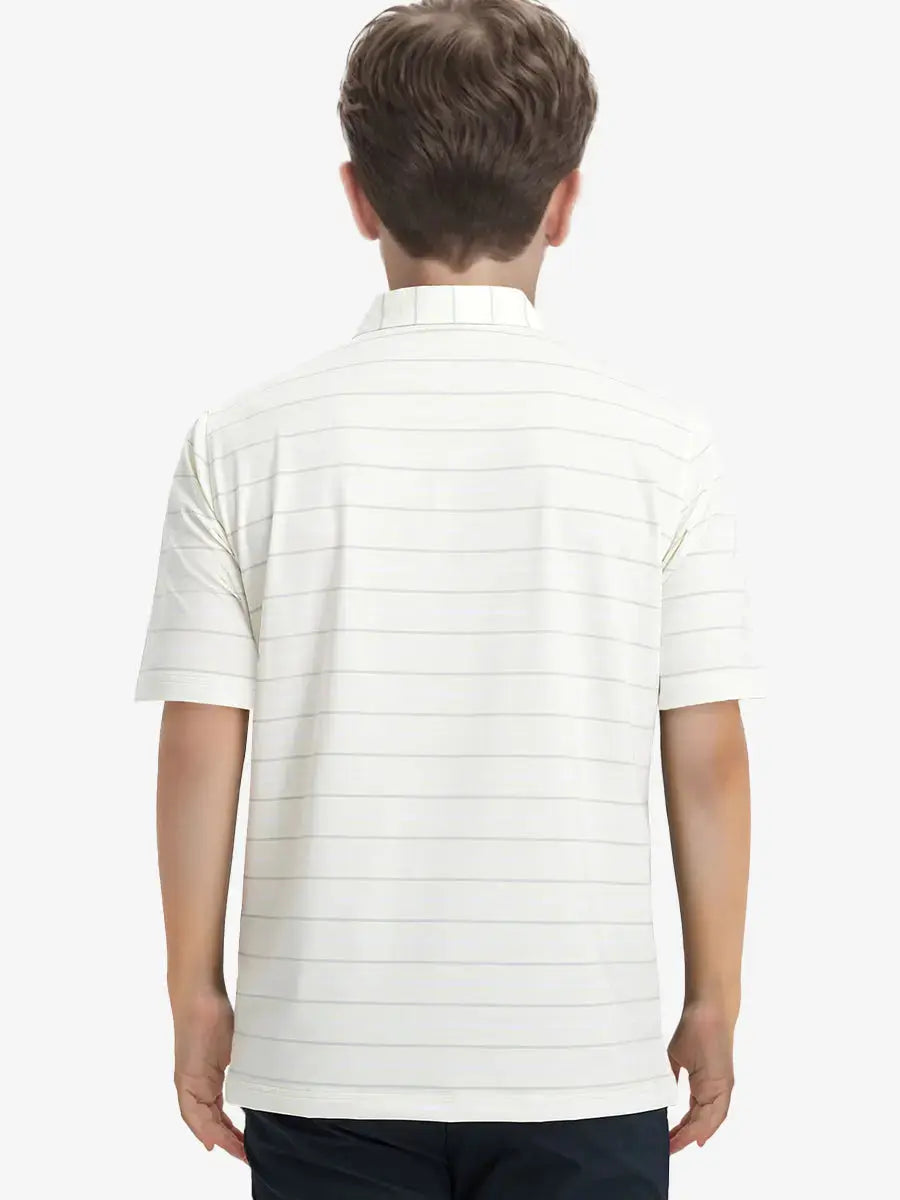 Back half-body view of child wearing BEIGE STRIPE Kids Stylish Stripe Polo Shirt.
