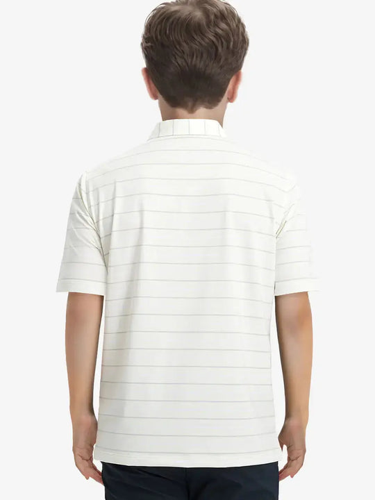 Back half-body view of child wearing BEIGE STRIPE Kids Stylish Stripe Polo Shirt.
