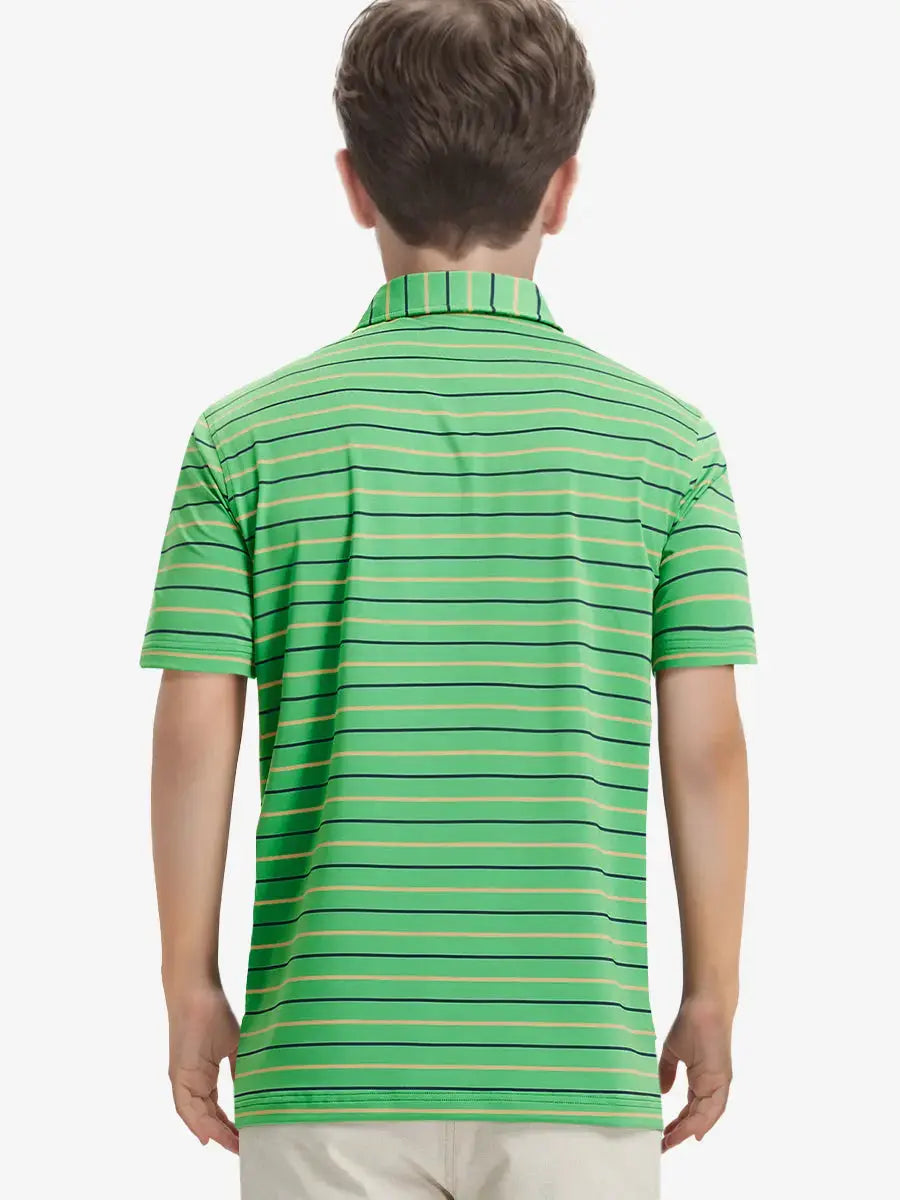 Back half-body view of child wearing GREEN STRIPE Kids Stylish Stripe Polo Shirt.