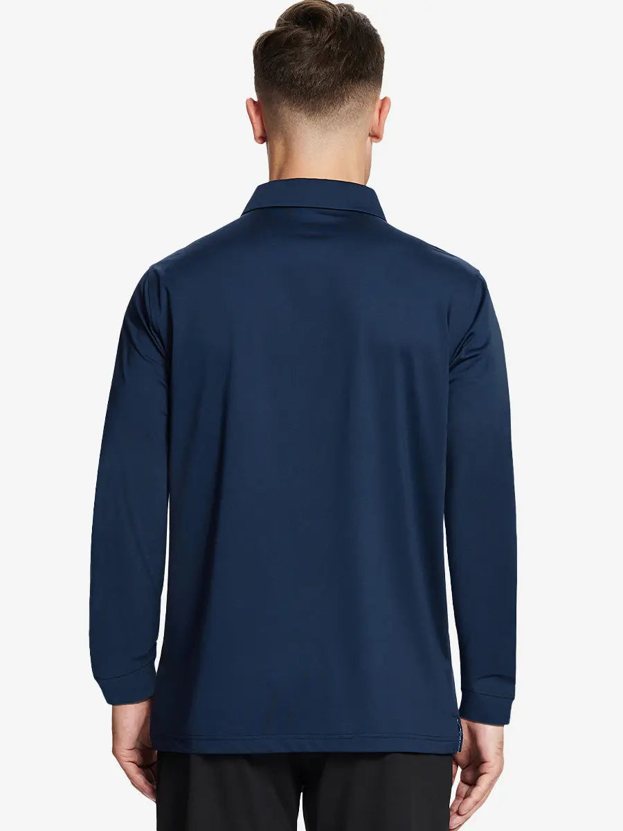 Back half-body view of model wearing NAVY Long Sleeve Solid Jersey Polo